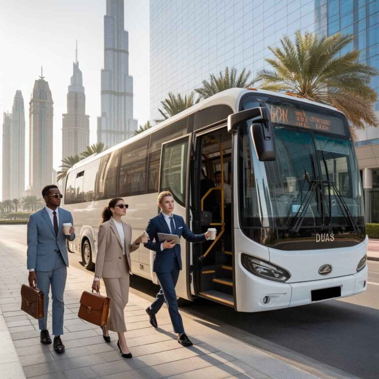Corporate staff pick and drop off bus service in Dubai with professionals boarding a luxury bus near modern office buildings.