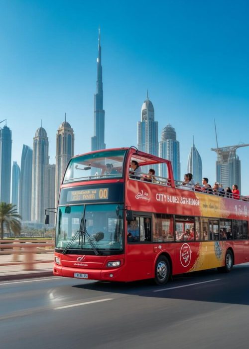 Red open-top double decker bus for City Sightseeing Tours driving past Dubai skyline.