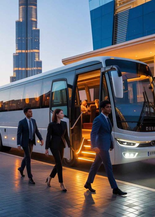 Corporate bus service in Dubai for lunch and dinner events with employees arriving at a restaurant in a luxury bus.