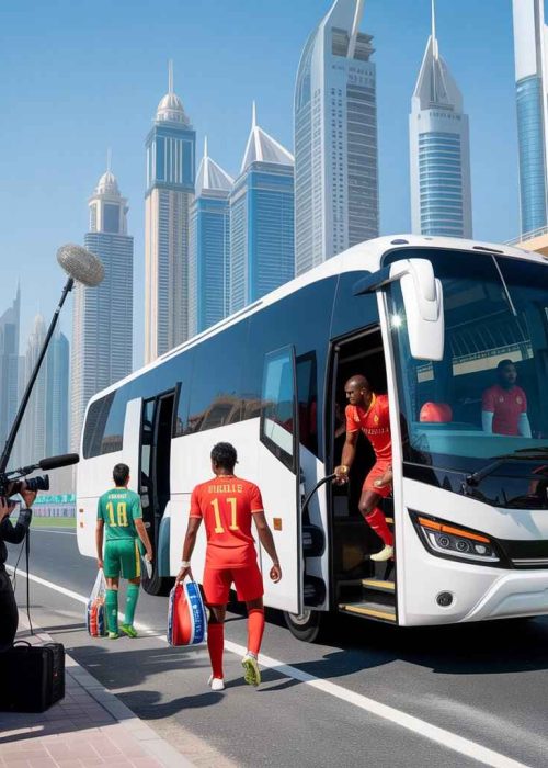 Sports players and media team transfer bus service in Dubai with male athletes and camera crew near a stadium.