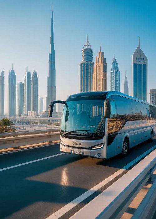 Modern coach for Long & Short Term Rental driving on Dubai highway with skyline view.
