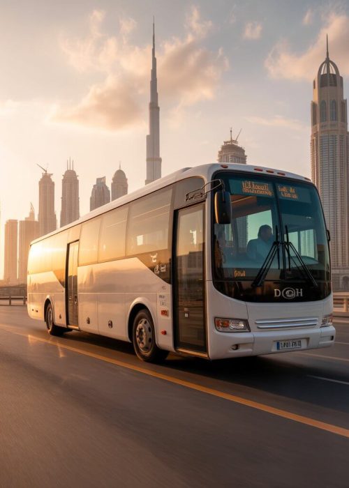 Modern coach offering Private Bus Rental service driving through Dubai skyline at sunset.