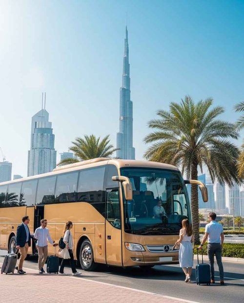 Luxury hotel transfer bus picking up tourists outside a Dubai hotel with city skyline in the background.