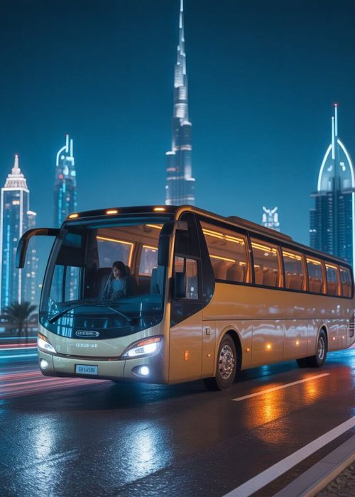 Modern coach providing Luxury Bus Service on Dubai highway at night with illuminated skyline.