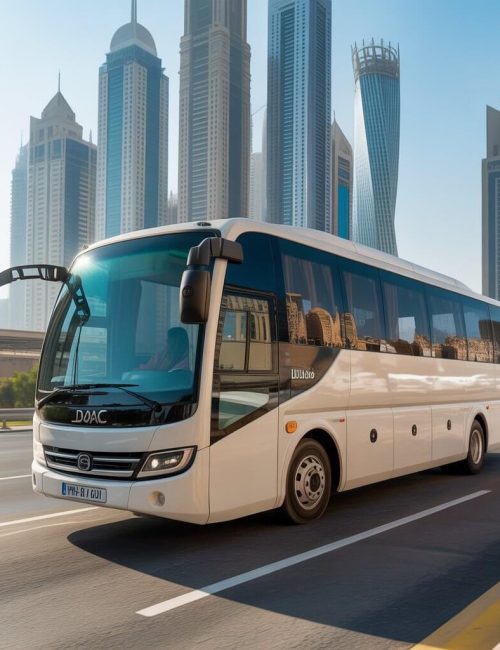 White Minibus Rental driving on Dubai highway with modern skyline in background.
