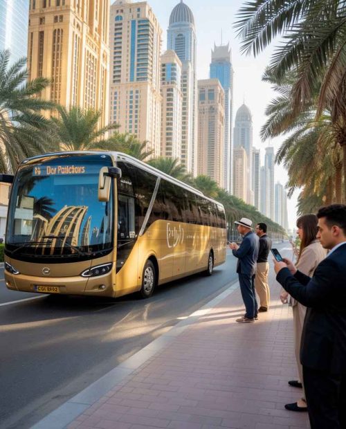 Modern luxury bus providing on-demand bus service in Dubai driving on a clean city road with palm trees and skyscrapers in the background.