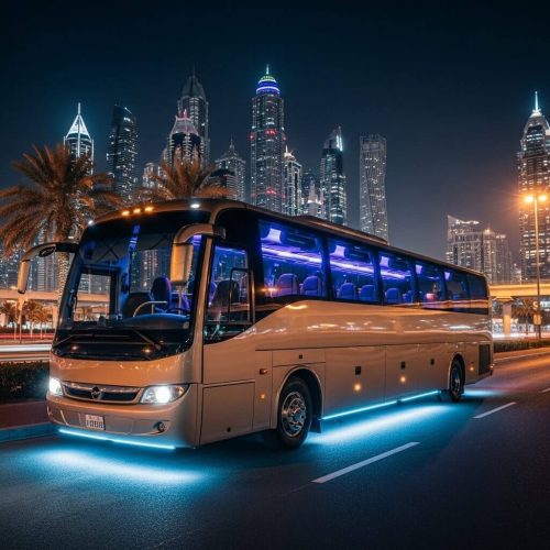 Party bus rental in Dubai city with vibrant LED party lights and luxury exterior design for private celebrations and events.