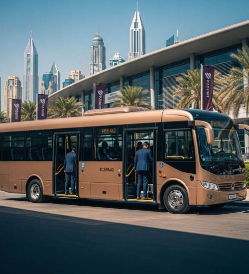 Shuttle bus providing professional shuttle bus service for events and exhibitions in Dubai near a modern exhibition center.
