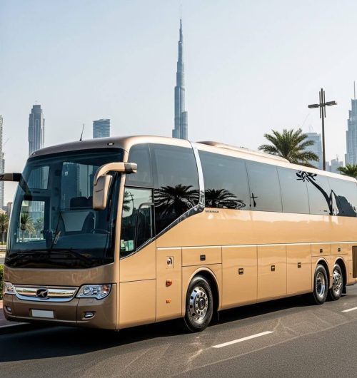 Guest transport bus in a Dubai city with modern skyline background